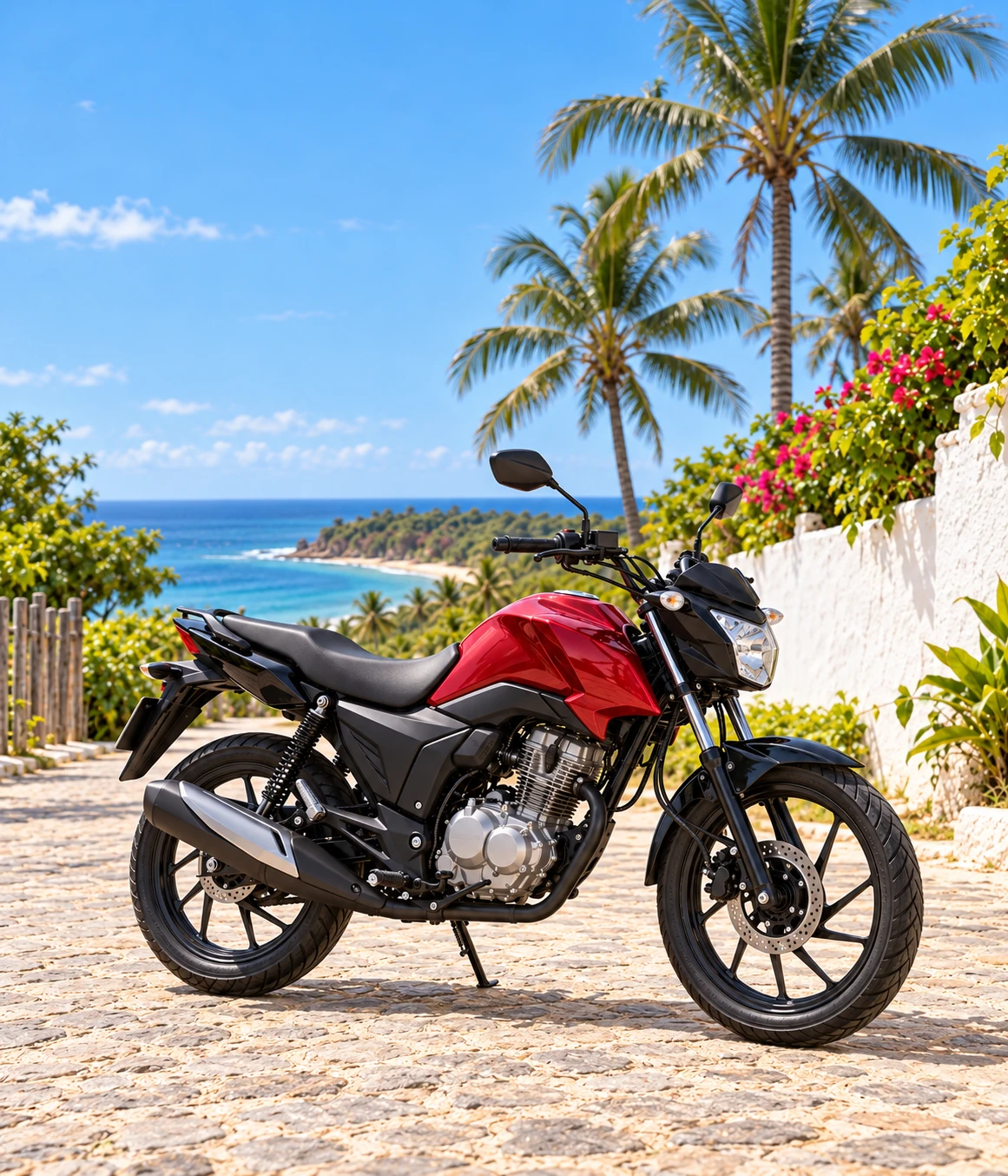 Moto vermelha para aluguel em Trancoso, com o mar ao fundo